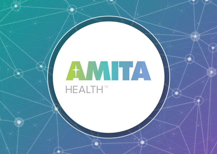 AMITA Health logo with connected network background image