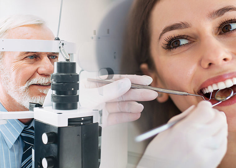 Image compilation of an older male having a routine eye test and a young woman receiving a dental checkup