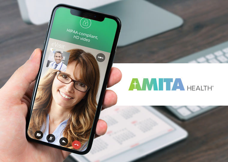 AMITA Health app displaying a video chat on a smart phone device